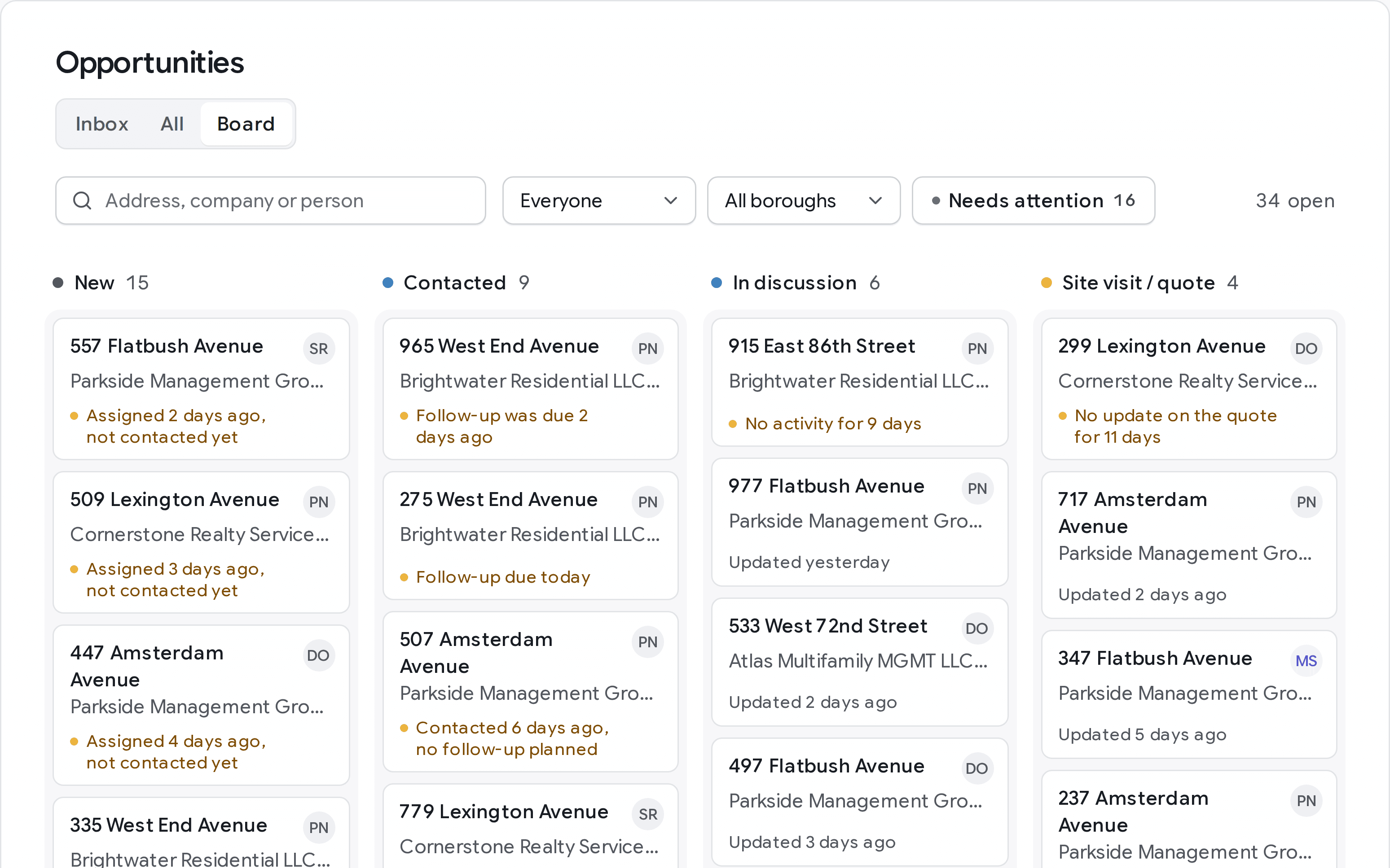 The opportunity board, with columns for New, Contacted, In discussion and Site visit or quote