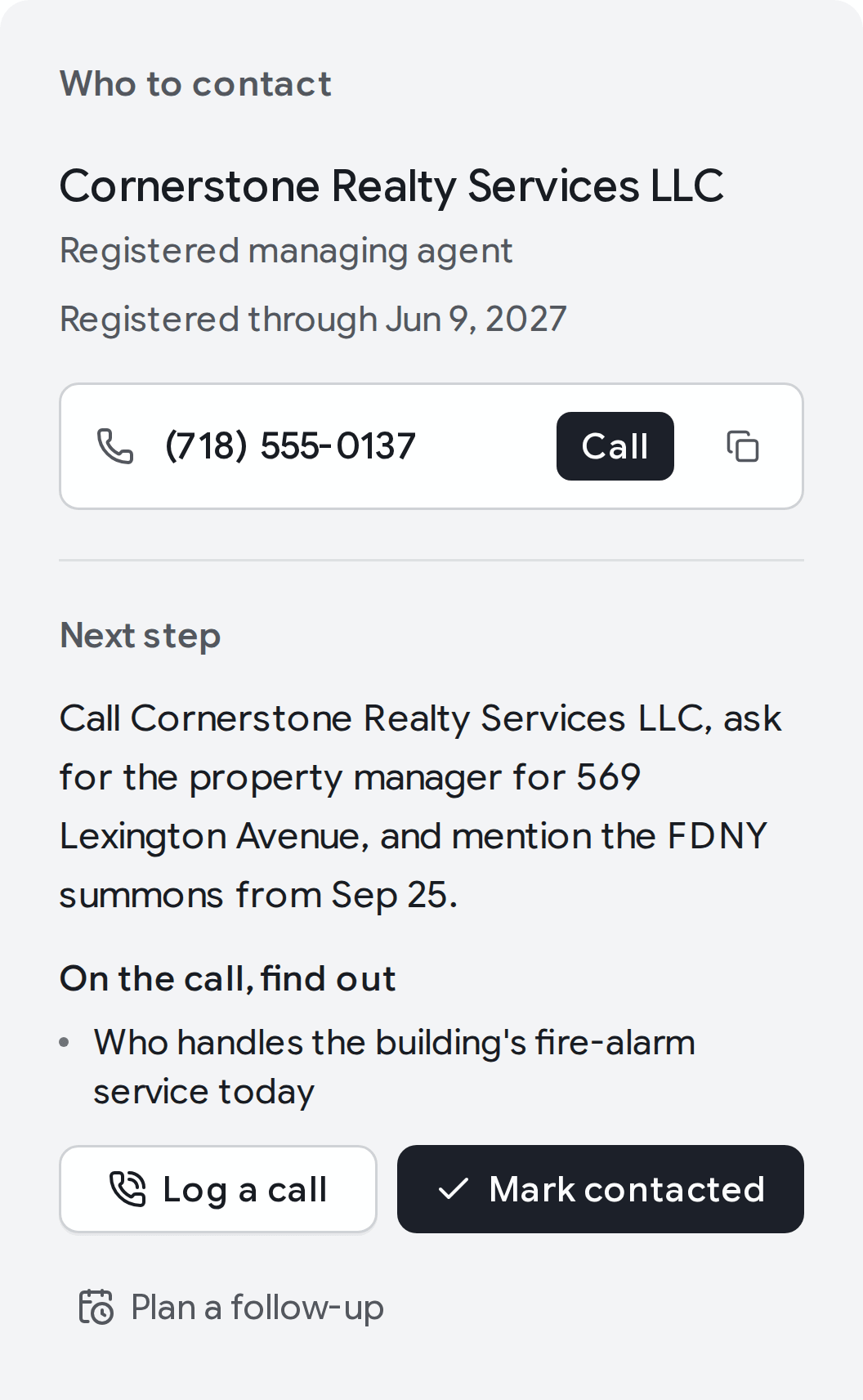 Who to contact on an opportunity: the managing agent and their phone with a Call button